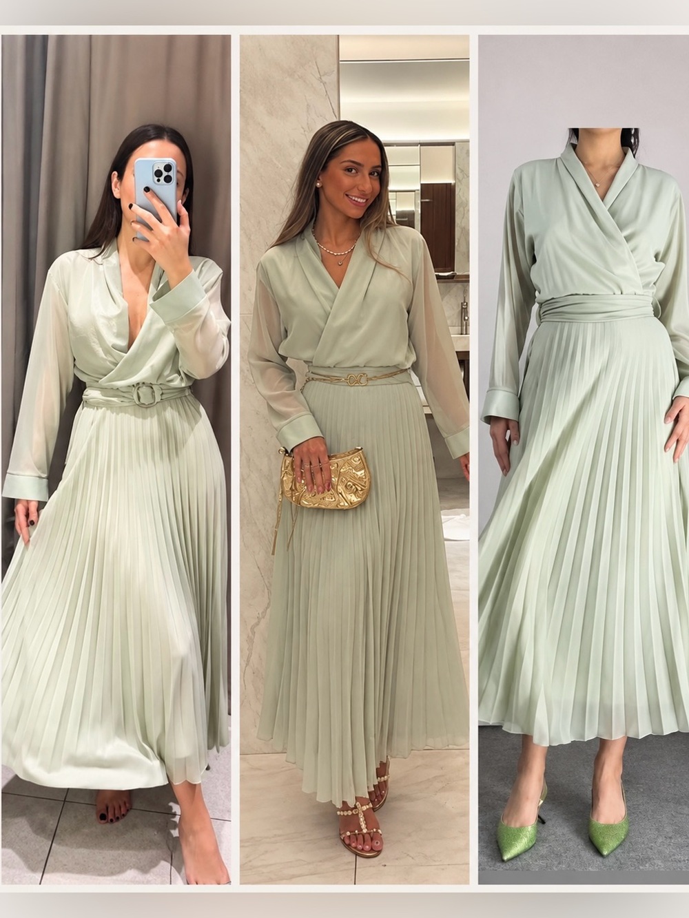 Zara Sage Green Shimmer Pleated Wrap Midi Dress Belted Long Sleeve Size L